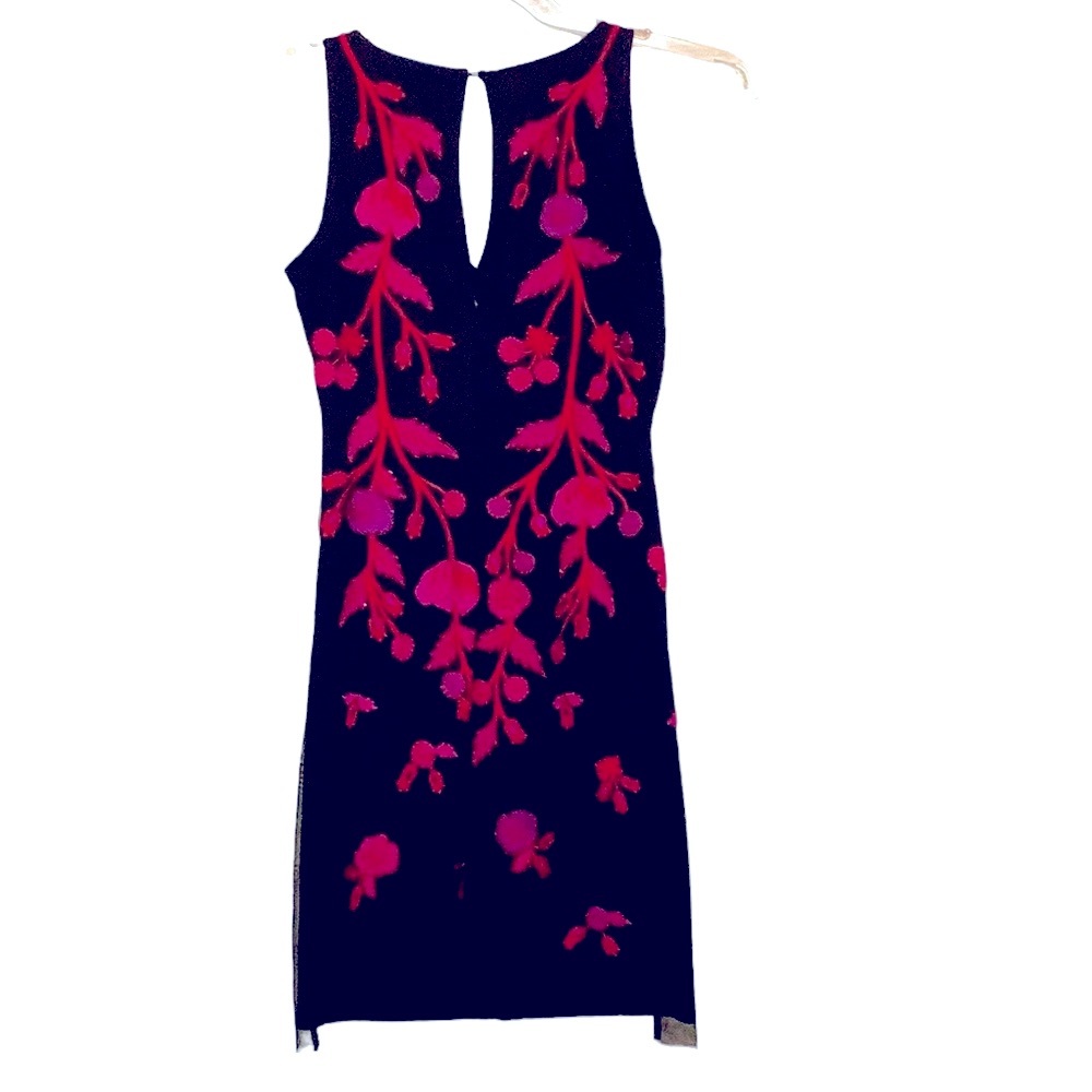 Aidan Mattox Black dress with beautiful embroidered red and pink flowers - Picture 3 of 7